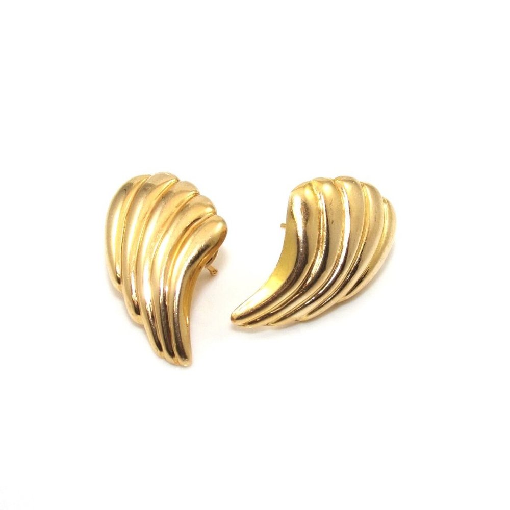 14K Yellow Gold Earrings Italy Ribbed Angel Wing Omega French Clip